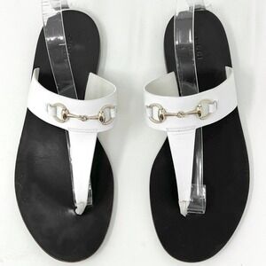 Gucci Horsebit White Leather Thong Sandals Flat T-Strap 40 338360